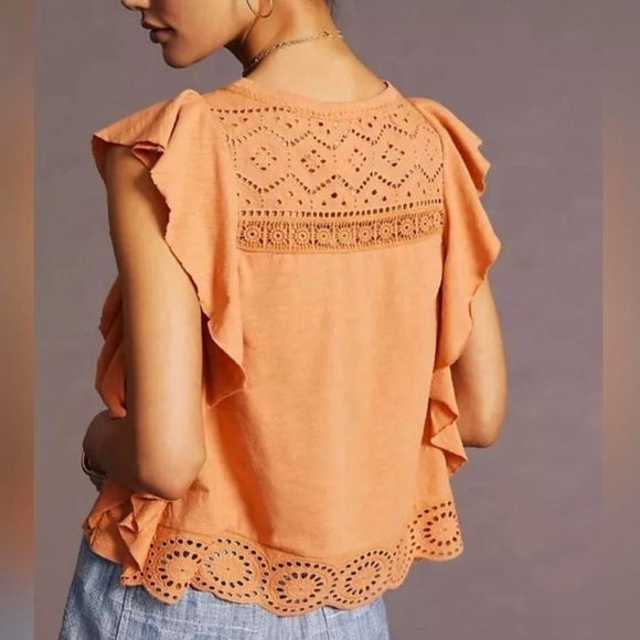 Anthropologie orange lace top with ruffled trim and eyelet detailing - Picture 6 of 6